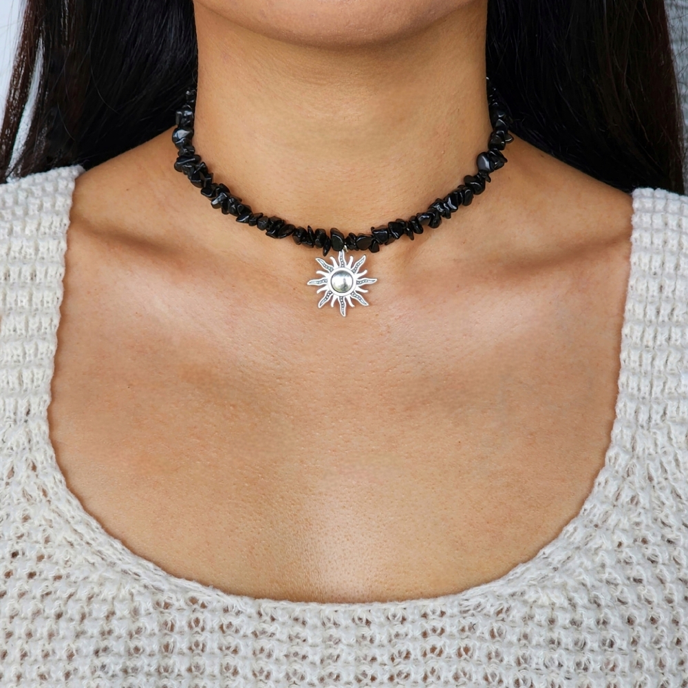 Natural Obsidian Sun Choker Necklace Gravel Stone Stainless Steel Bohemian Black